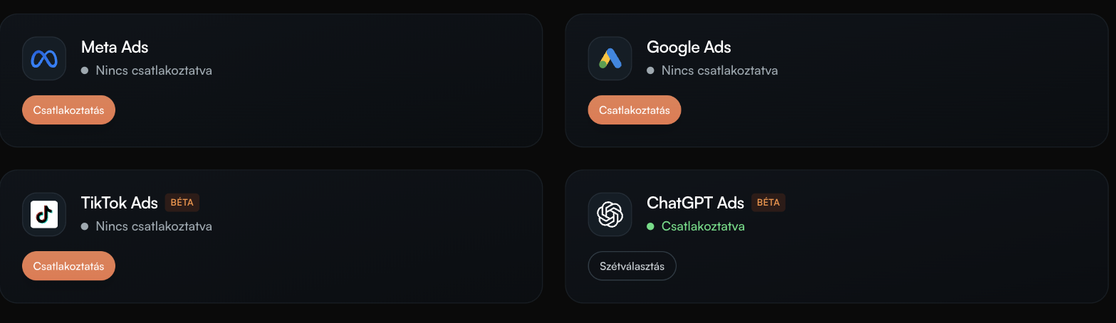 The advertising section of the Integrations page, with Meta Ads, Google Ads, TikTok Ads and ChatGPT Ads each on their own card.