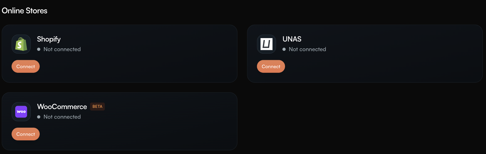 The Online Stores section of the Integrations page, with Shopify, UNAS and WooCommerce (Beta) each on their own card.