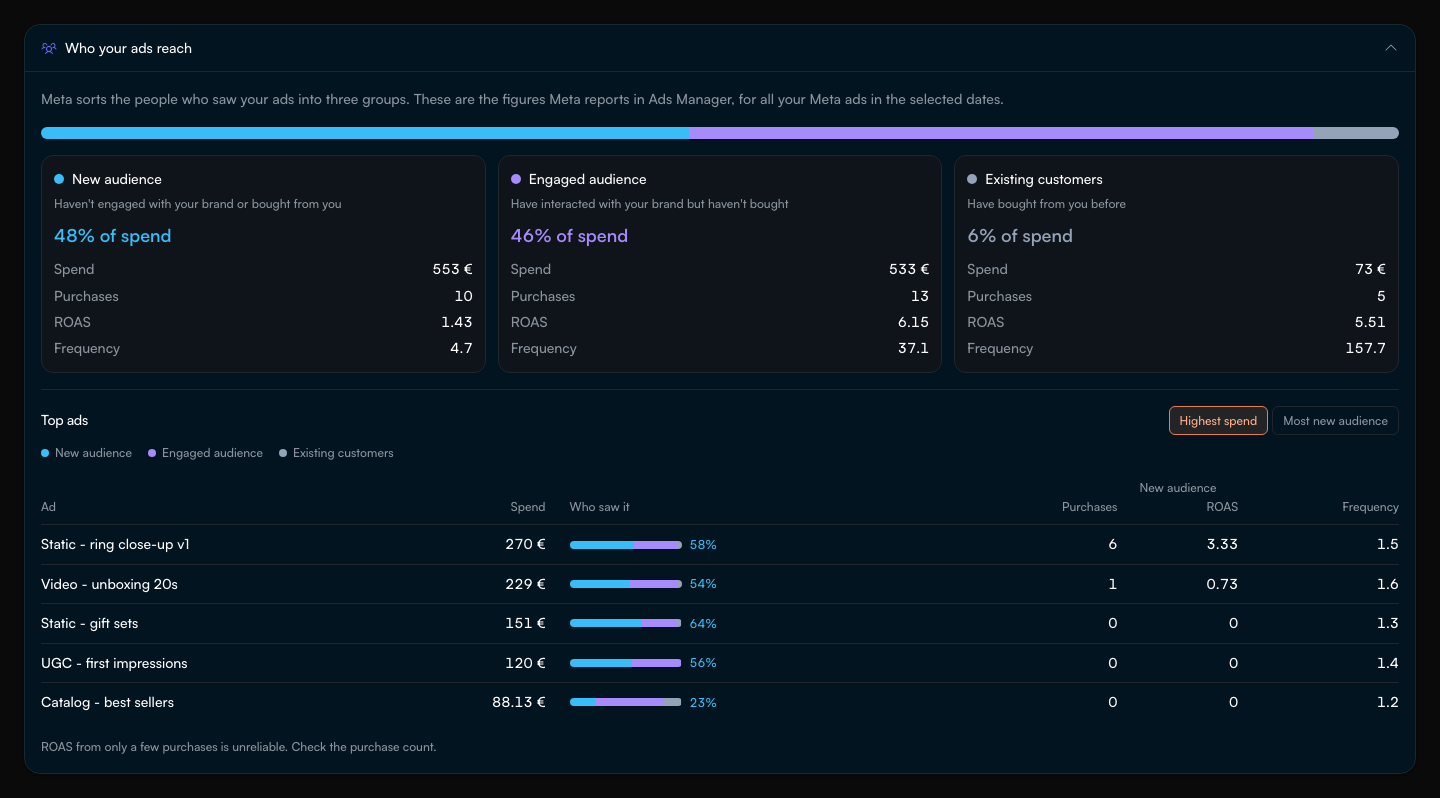 The Who your ads reach section with sample data: a bar splitting spend between New audience, Engaged audience and Existing customers, three cards with spend, purchases, ROAS and frequency, and a table of top ads.