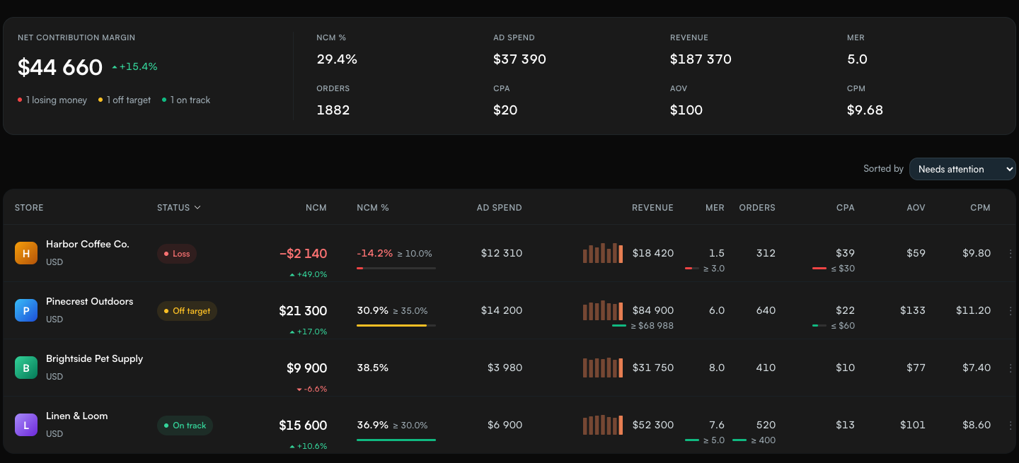 The All stores page with sample data: a portfolio summary card, then one row per store with a status such as Loss, Off target or On track, goals shown under the figures, and the new MER, orders, CPA and AOV columns.